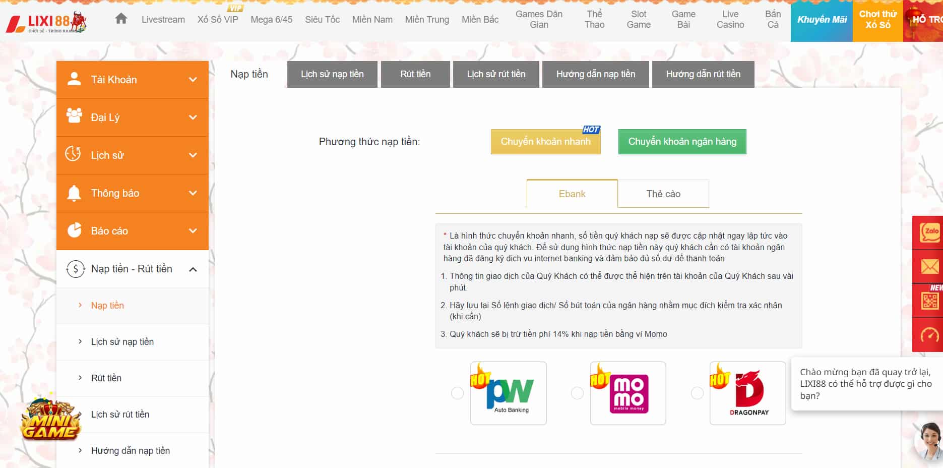 Nạp tiền ở Lixi88 chúng tôi bằng ví momo hoặc paywin đều được