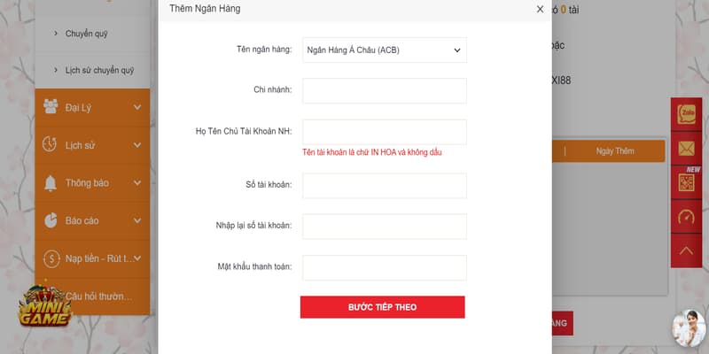 Người chơi cần điền đầy đủ thông tin tài khoản ngân hàng tại Lixi88